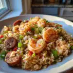 A close-up of a bowl filled with Shrimp Sausage Dirty Rice, featuring plump shrimp, sliced sausage, and colorful vegetables.