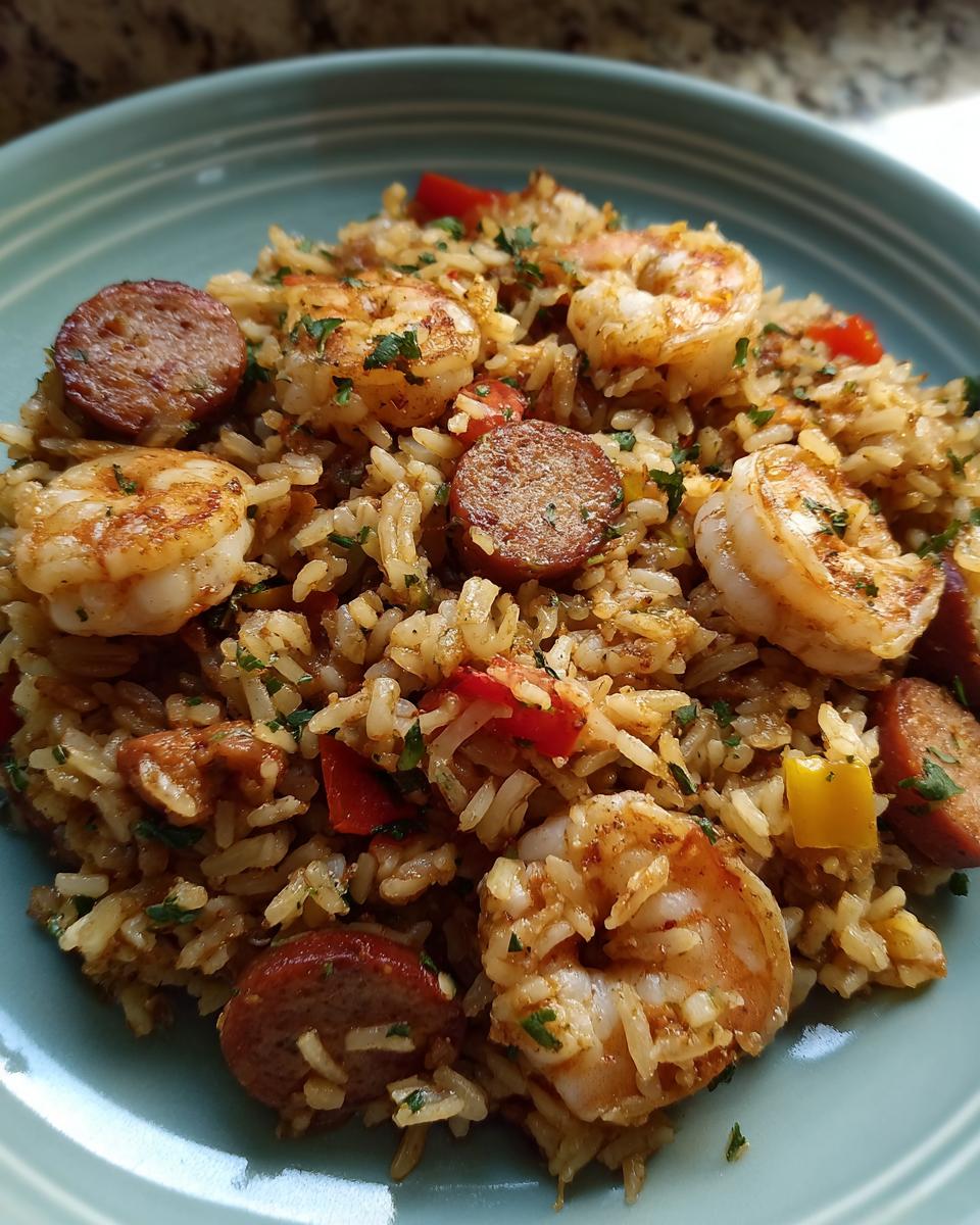A close-up view of delicious Shrimp and Sausage Dirty Rice, featuring plump shrimp, sliced sausage, and seasoned rice.