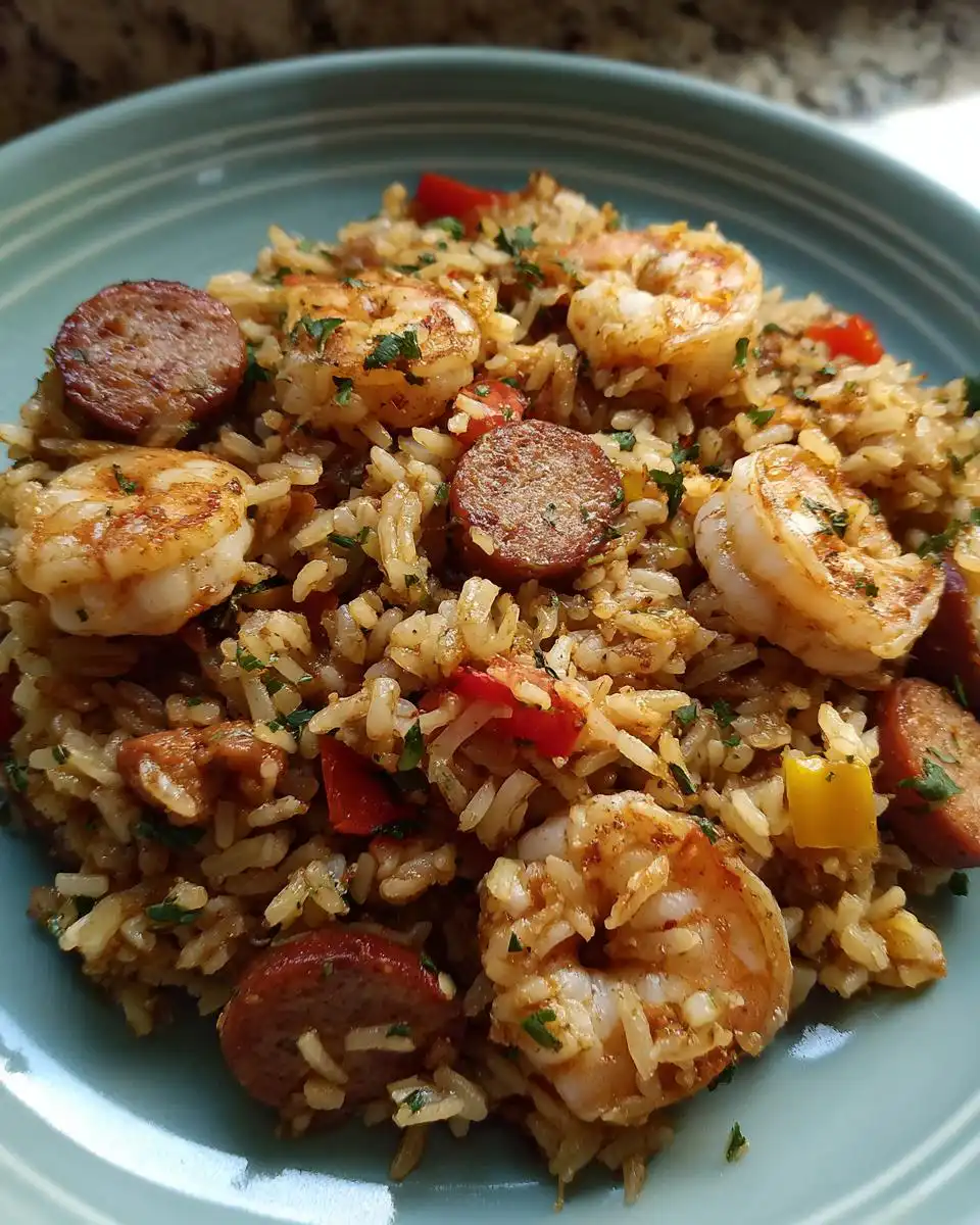A close-up view of delicious Shrimp and Sausage Dirty Rice, featuring plump shrimp, sliced sausage, and seasoned rice.