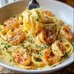 A fork twirling a portion of Shrimp Scampi Garlic Cream Pasta, showcasing plump shrimp and creamy sauce.