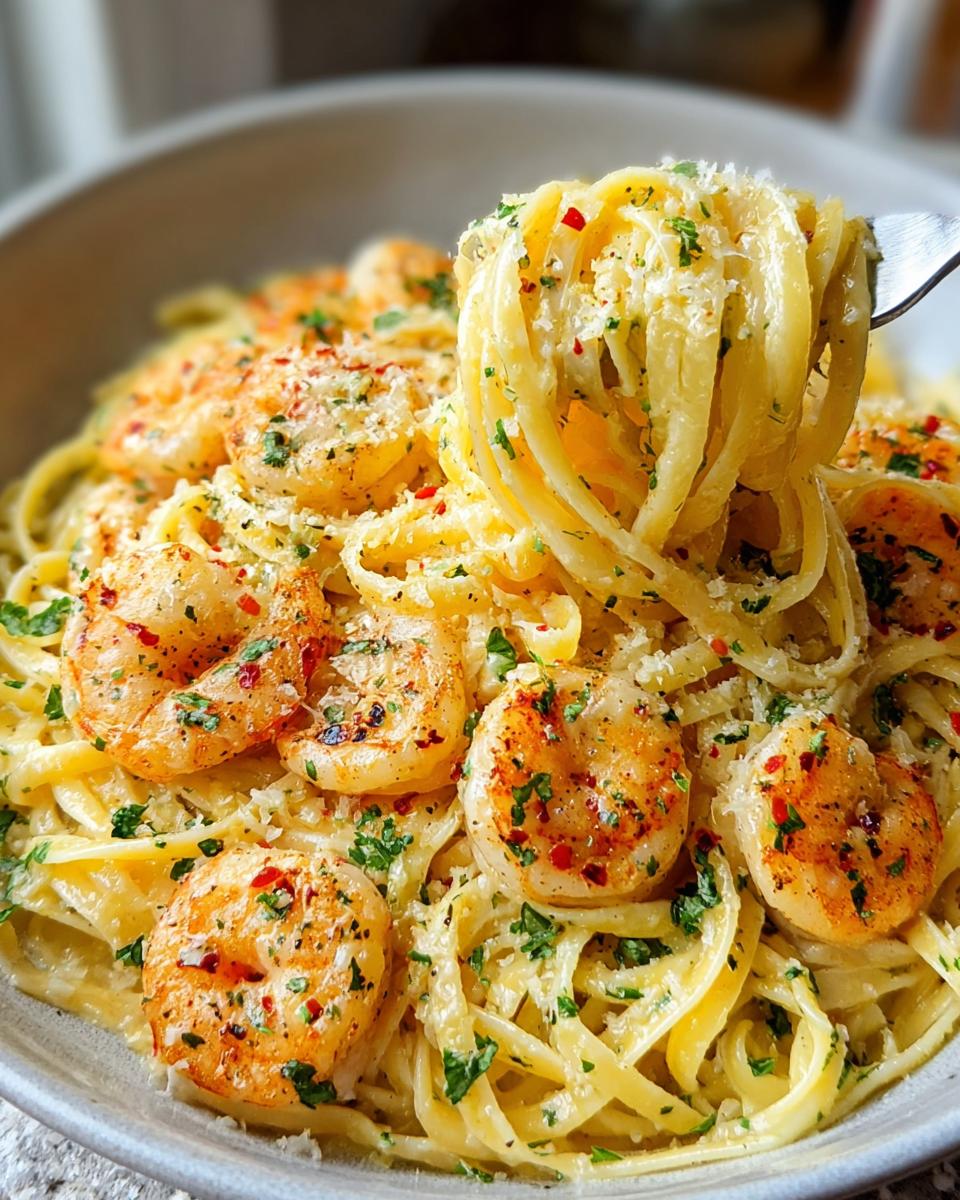 A fork twirls fettuccine pasta coated in garlic cream sauce, topped with plump shrimp and parsley for Shrimp Scampi Garlic Cream Pasta.