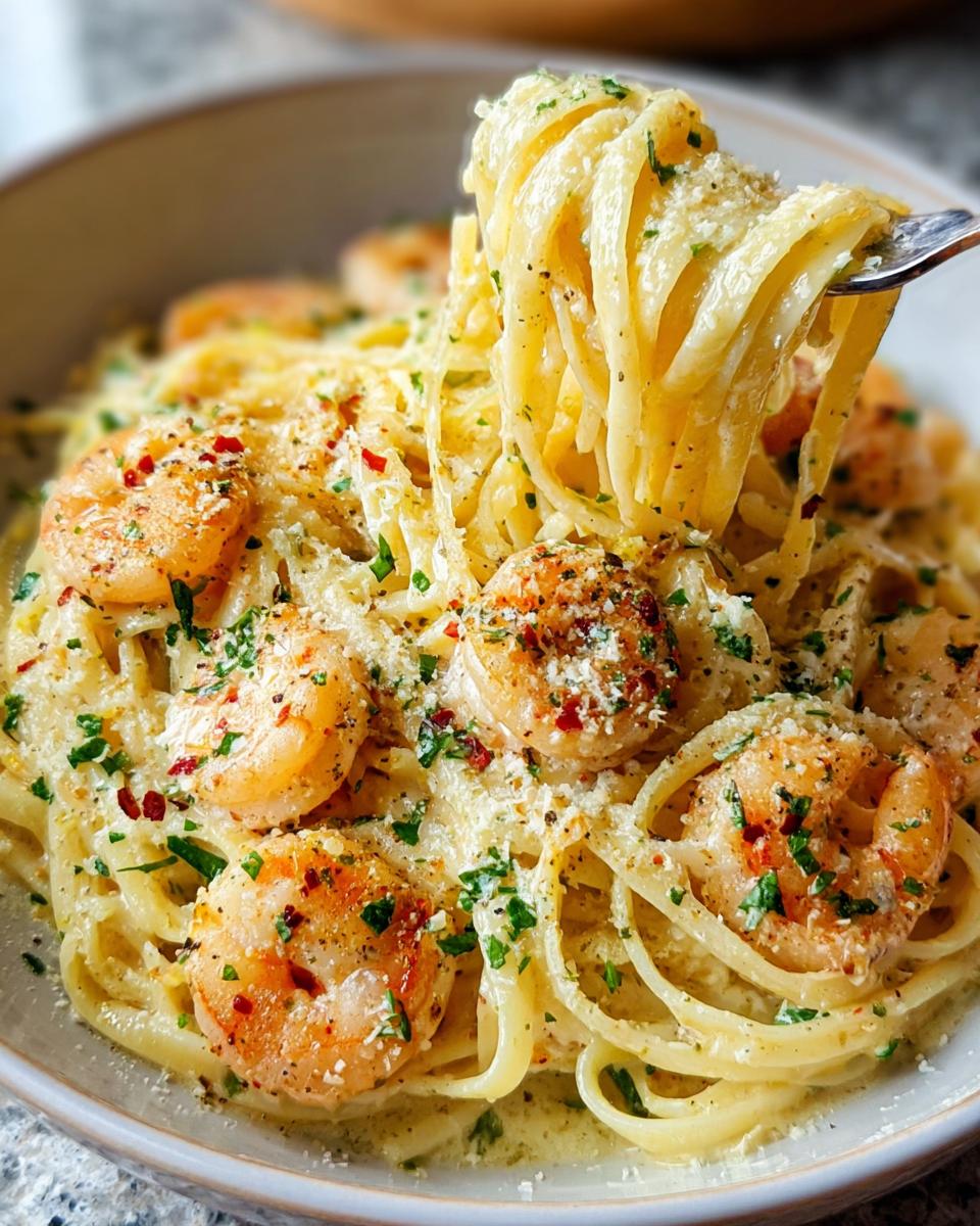 A fork lifts a swirl of fettuccine pasta coated in creamy garlic sauce, topped with plump shrimp and fresh parsley.