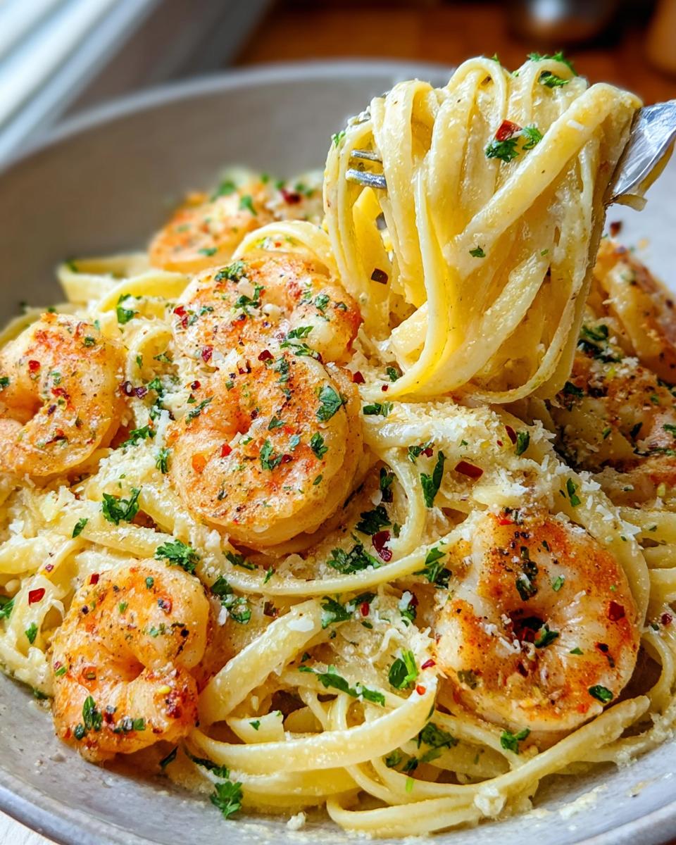 A fork twirling fettuccine pasta coated in garlic cream sauce, topped with seasoned shrimp and parsley. Shrimp Scampi Garlic Cream Pasta.
