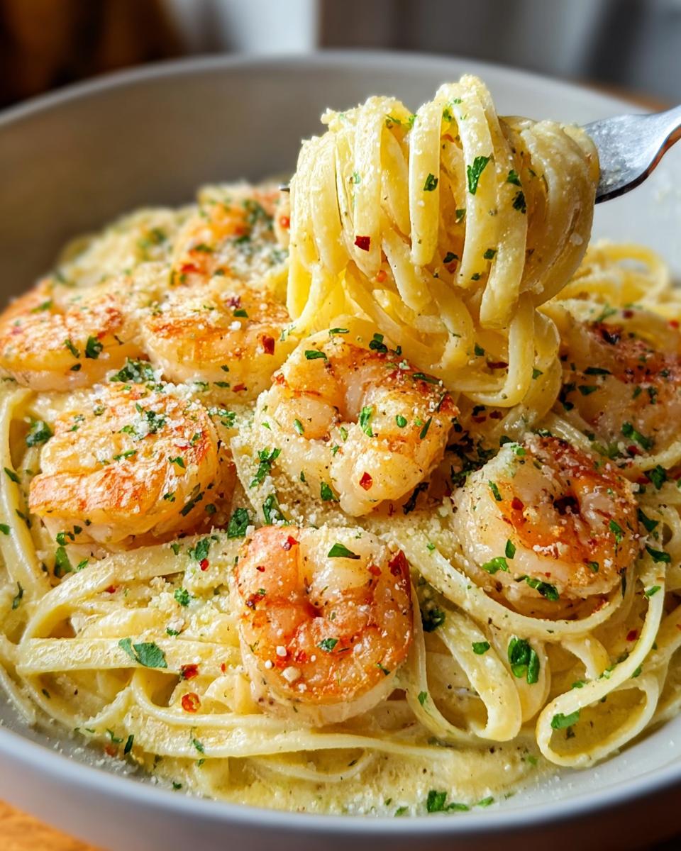 A fork twirls fettuccine pasta coated in garlic cream sauce, topped with plump shrimp and parsley for Shrimp Scampi Garlic Cream Pasta.