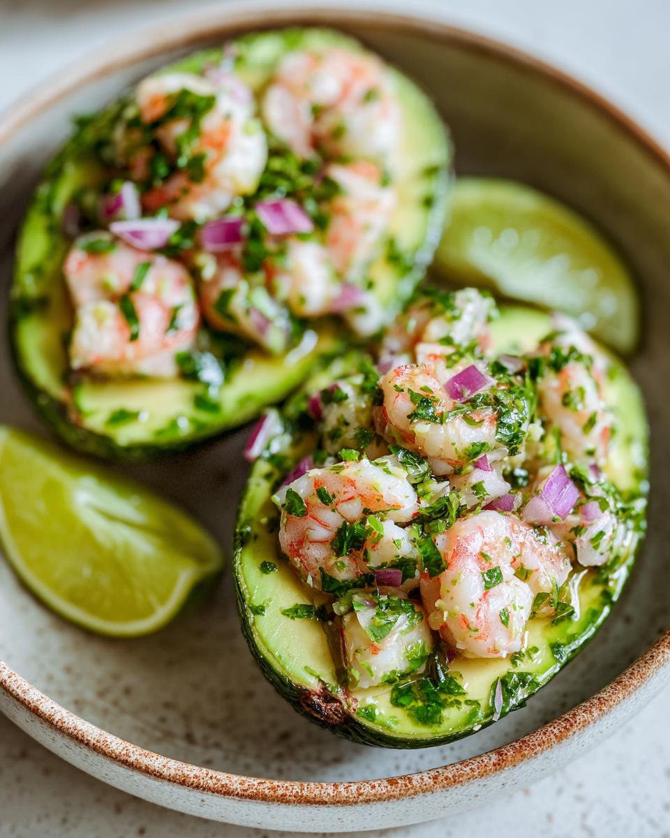 Close-up of two halves of avocado stuffed with shrimp, red onion, and fresh herbs, served with lime wedges.