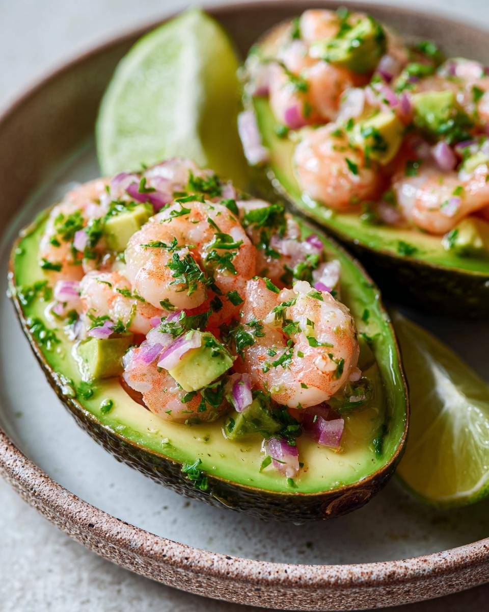 Close-up of two halves of avocado filled with shrimp, diced avocado, red onion, and cilantro, garnished with lime wedges.