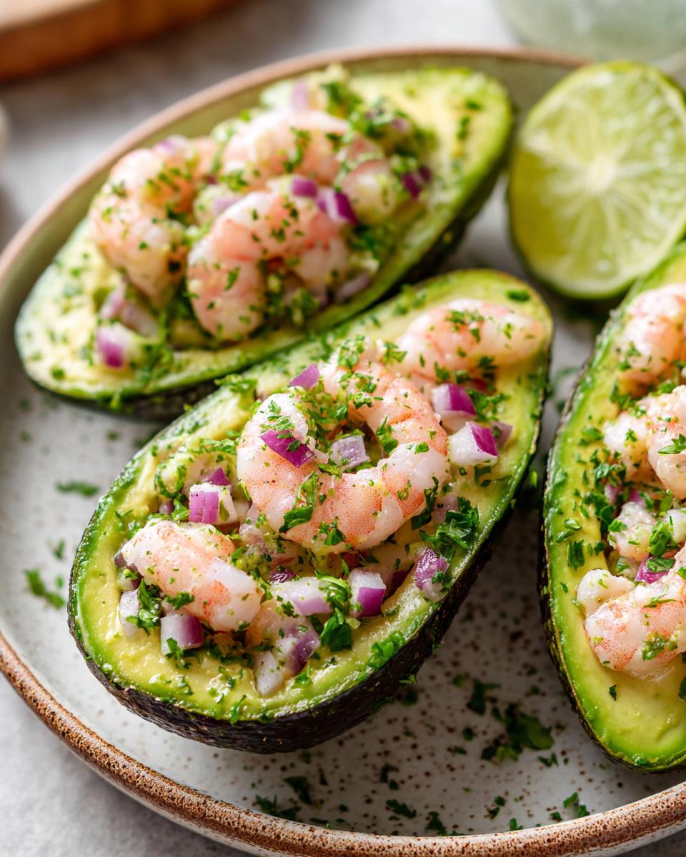 Close-up of Shrimp Stuffed Avocados filled with cooked shrimp, diced red onion, and fresh cilantro, served with lime wedges.