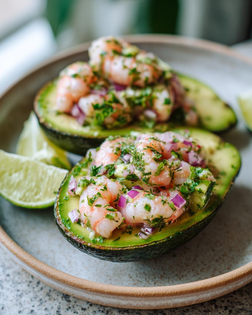 Two halves of avocado filled with a mixture of shrimp, red onion, cilantro, and lime.