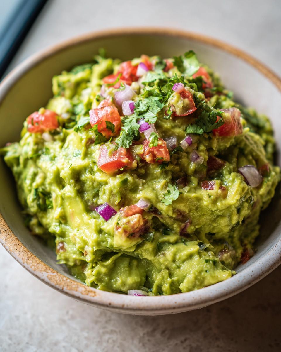 A close-up of a bowl filled with chunky, fresh simple guacamole recipe, topped with diced tomatoes, red onion, and cilantro.