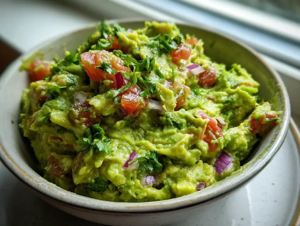 A close-up of a bowl filled with a vibrant, chunky simple guacamole recipe, topped with fresh cilantro, diced tomatoes, and red onion.