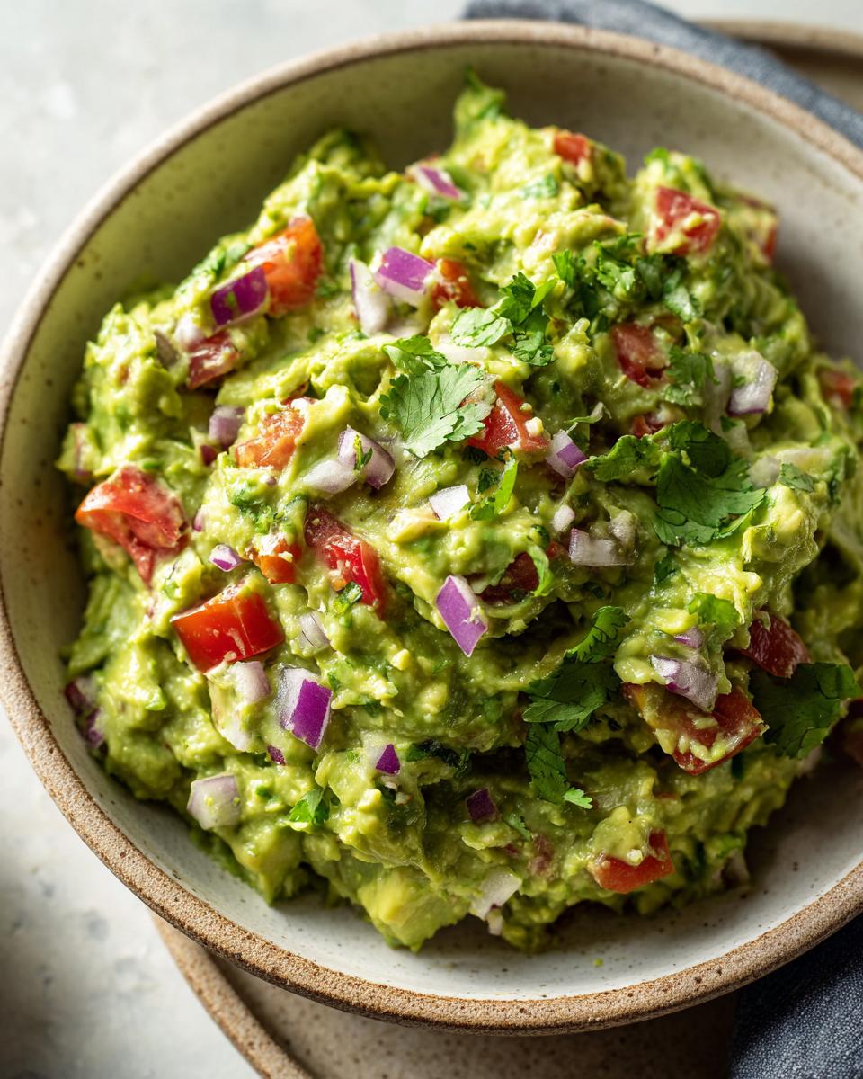 Close-up of a bowl filled with chunky simple guacamole recipe, topped with diced tomatoes, red onion, and cilantro.