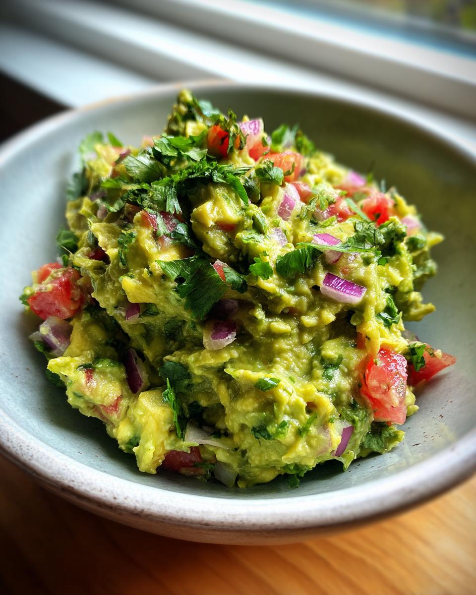 A close-up of a bowl filled with chunky, fresh simple guacamole recipe, topped with cilantro and diced tomatoes.