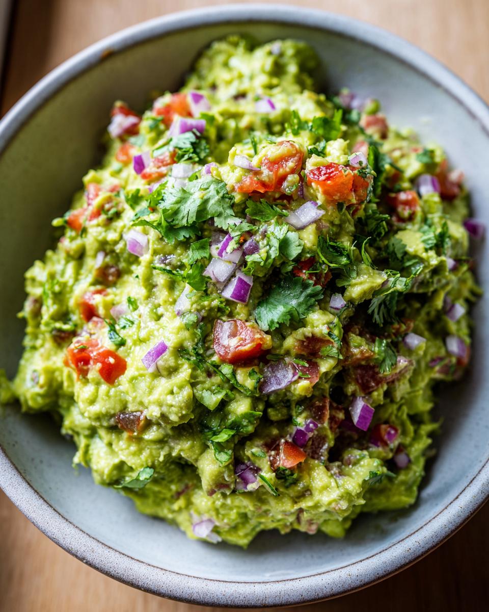 Close-up of a bowl filled with a vibrant and chunky simple guacamole recipe, topped with fresh cilantro, diced tomatoes, and red onion.