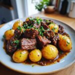 A close-up of Slow Cooker Garlic Butter Beef and Potatoes, garnished with fresh parsley.