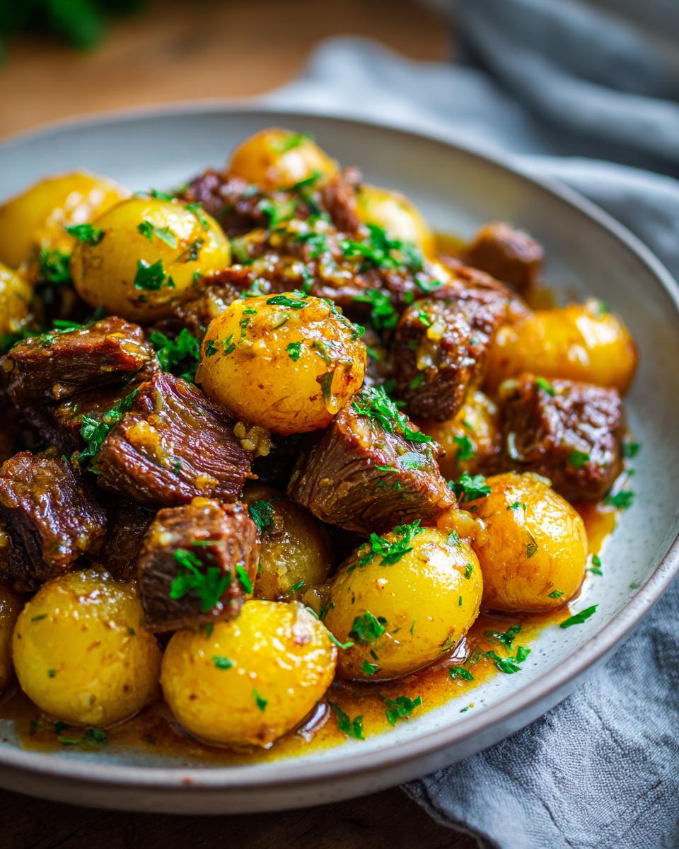 Close-up of tender chunks of beef and small, golden potatoes coated in a rich garlic butter sauce, garnished with fresh parsley.