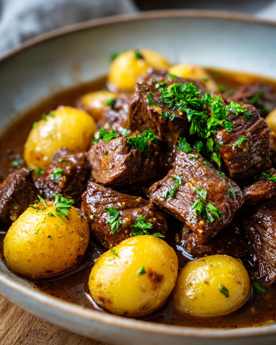 A close-up of tender chunks of Slow Cooker Garlic Butter Beef and Potatoes in a rich gravy, garnished with fresh parsley.