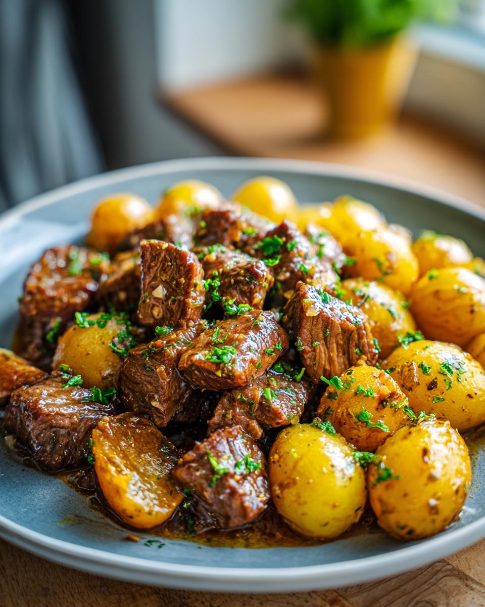 Close-up of Slow Cooker Garlic Butter Beef and Potatoes, tender beef chunks and baby potatoes in a rich sauce, garnished with parsley.