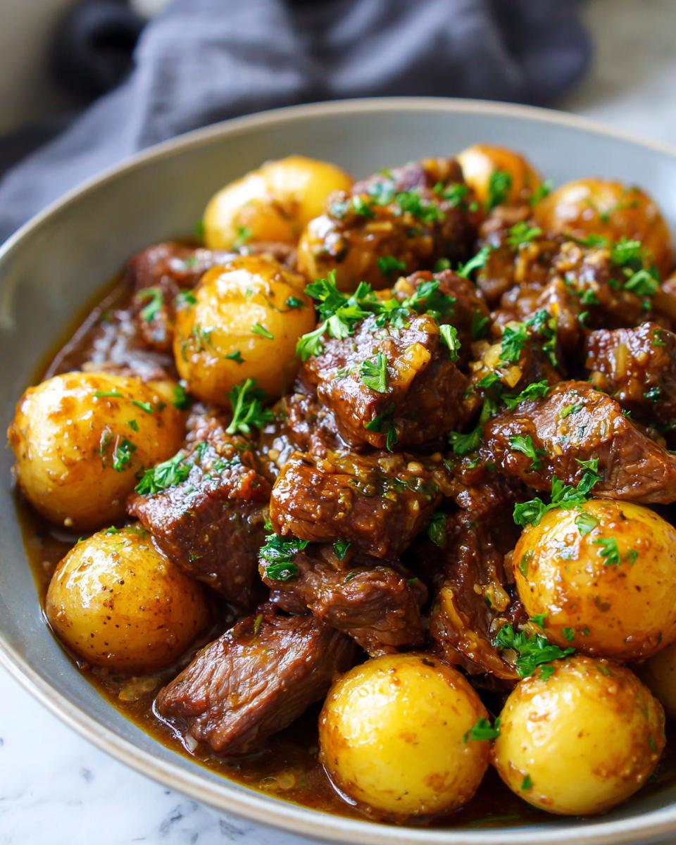 Close-up of Slow Cooker Garlic Butter Beef and Potatoes in a bowl, garnished with parsley.