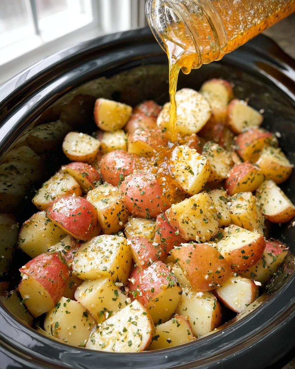 A slow cooker filled with chopped red and yellow potatoes being drizzled with a herb-infused dressing.