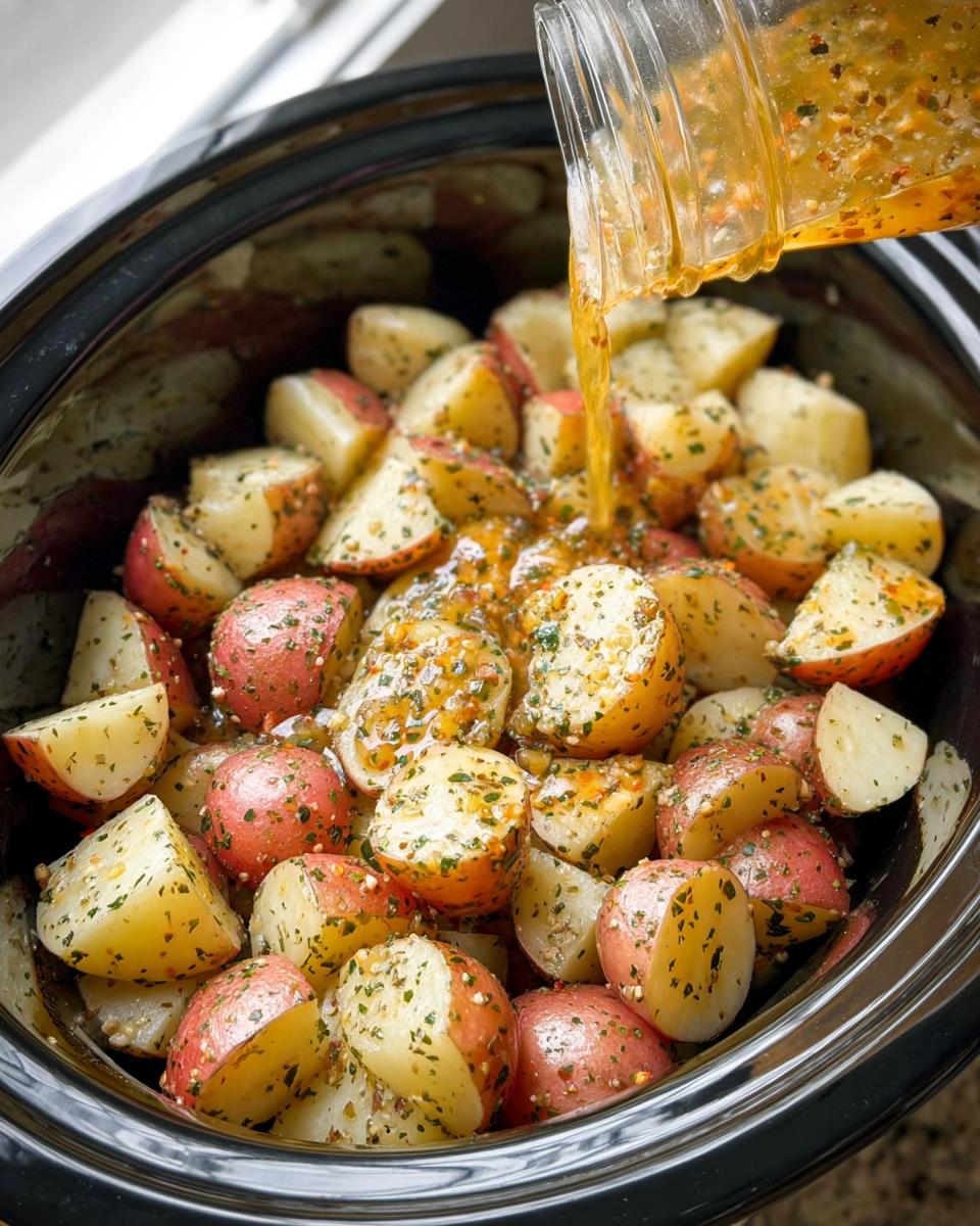 Pouring dressing over chopped red and yellow potatoes in a slow cooker for Slow Cooker Italian Potatoes.