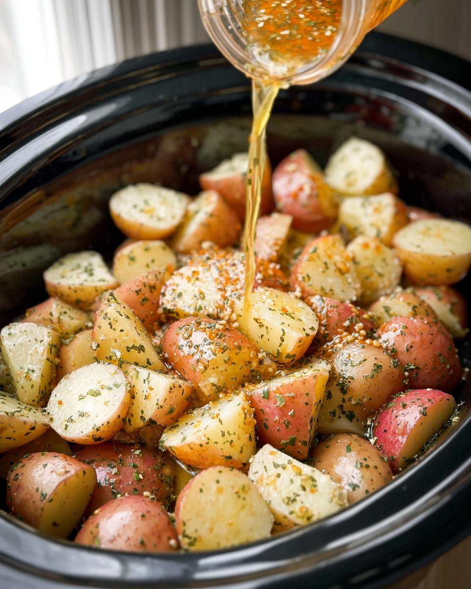 Pouring dressing over seasoned Slow Cooker Italian Potatoes in a black crock pot.