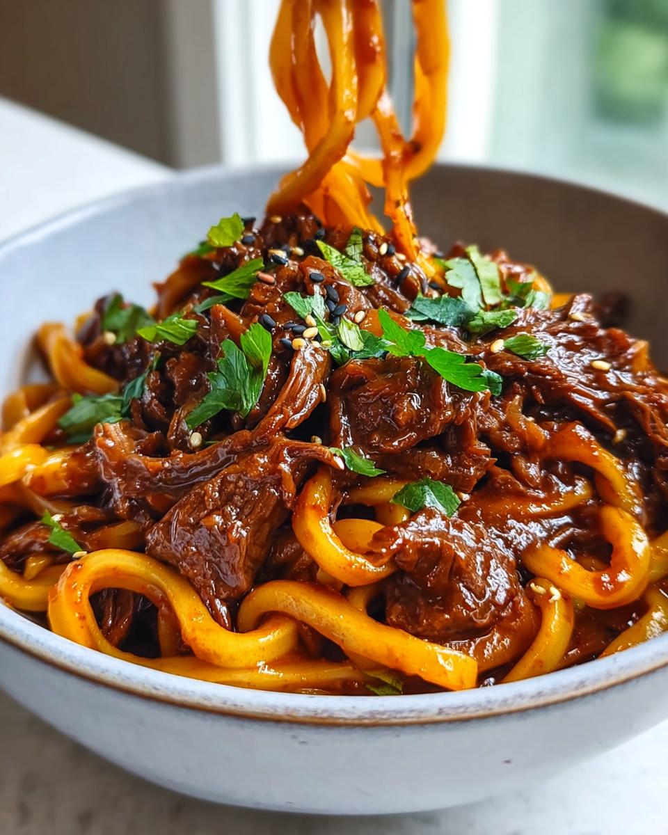 A close-up of Slow Cooker Korean Beef Noodles, featuring thick noodles coated in a rich sauce with shredded beef and garnished with sesame seeds and parsley.