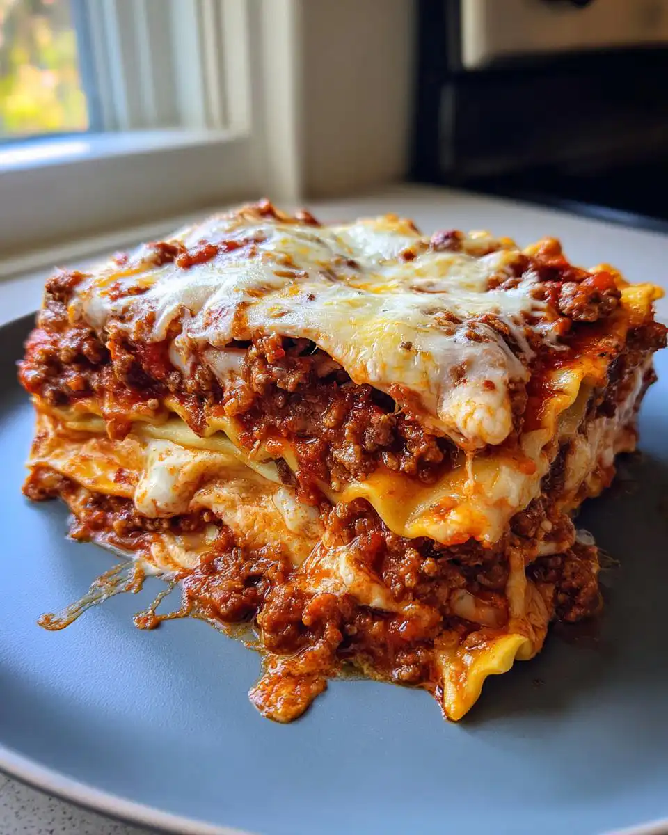 A delicious slice of Slow Cooker Ravioli Lasagna with Beef, layered with pasta, meat sauce, and melted cheese.