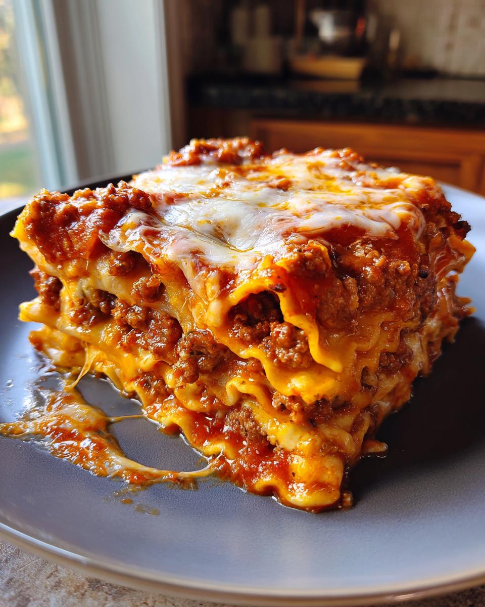 A hearty slice of Slow Cooker Ravioli Lasagna with Beef, featuring layers of pasta, rich meat sauce, and melted cheese.