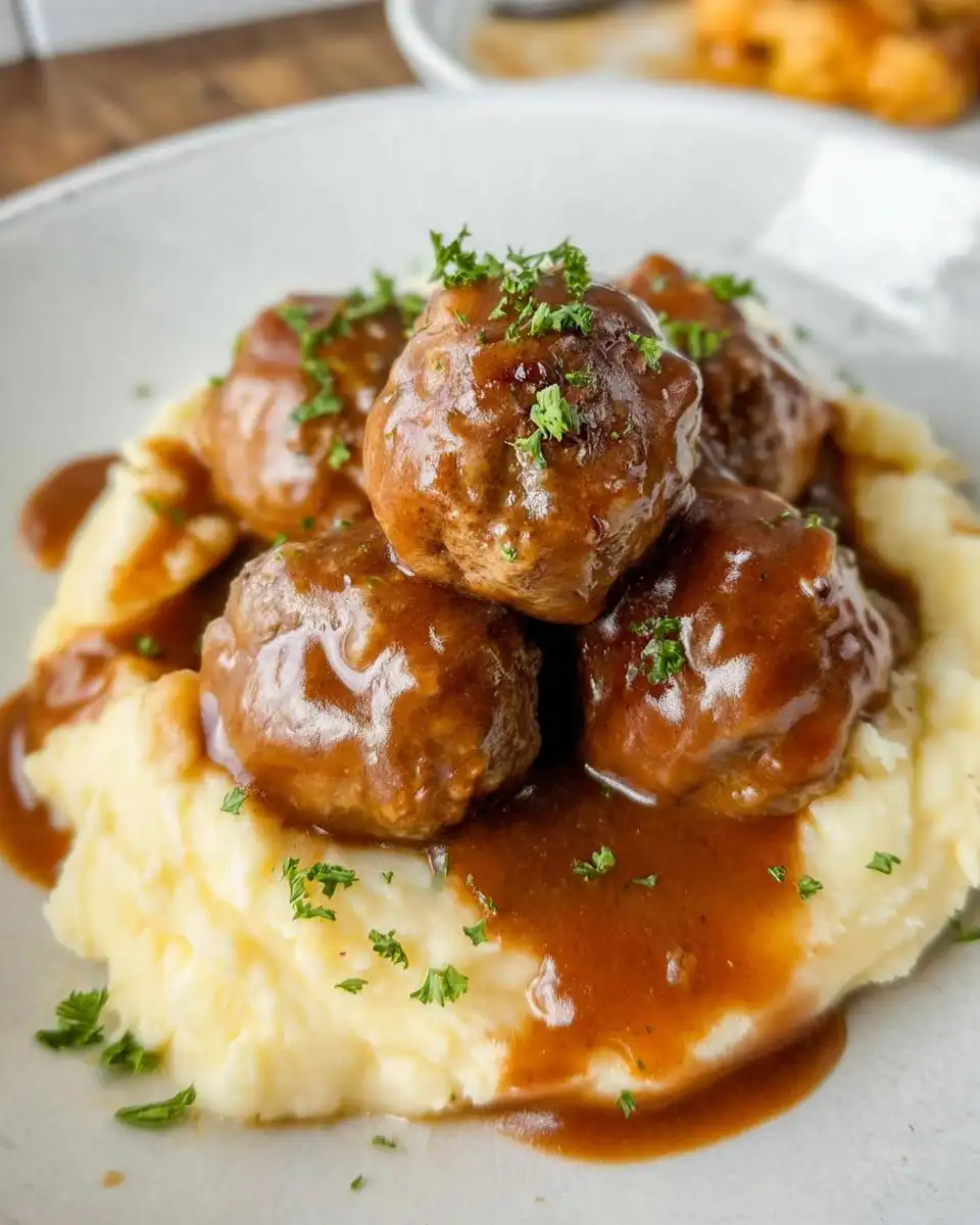 A close-up of Slow Cooker Salisbury Steak Meatballs smothered in gravy, served over creamy mashed potatoes and garnished with parsley.