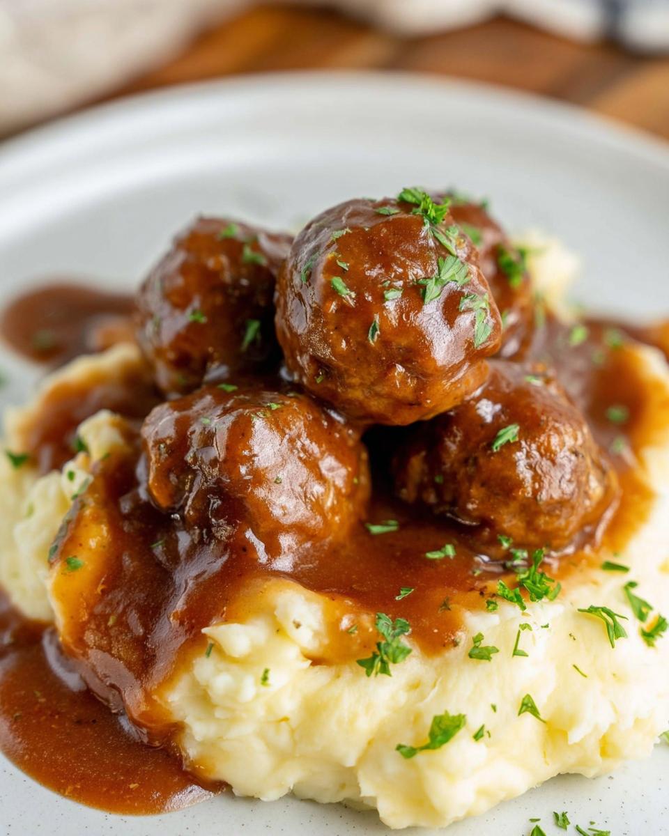 Close-up of Slow Cooker Salisbury Steak Meatballs smothered in rich brown gravy, served over creamy mashed potatoes and garnished with parsley.