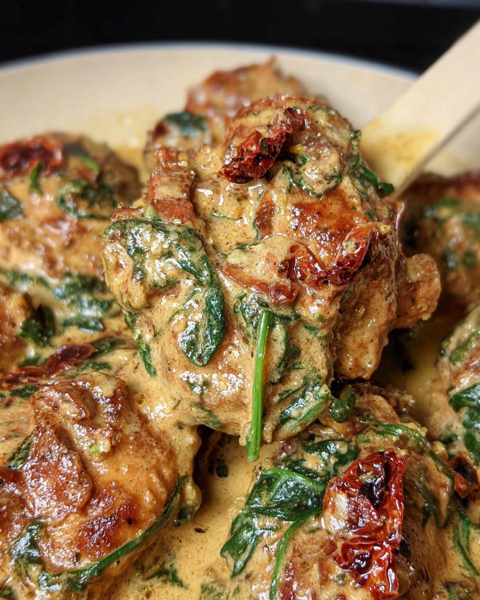 Close-up of tender chicken pieces coated in a creamy sauce with spinach and sun-dried tomatoes for slow cooker tuscan chicken.