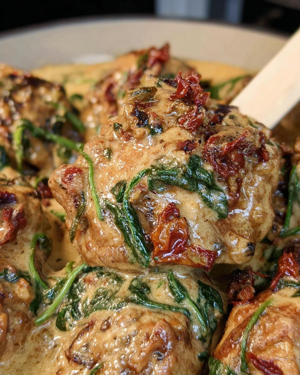 Close-up of tender chicken pieces in a creamy sauce with spinach and sun-dried tomatoes, part of a slow cooker tuscan chicken dish.
