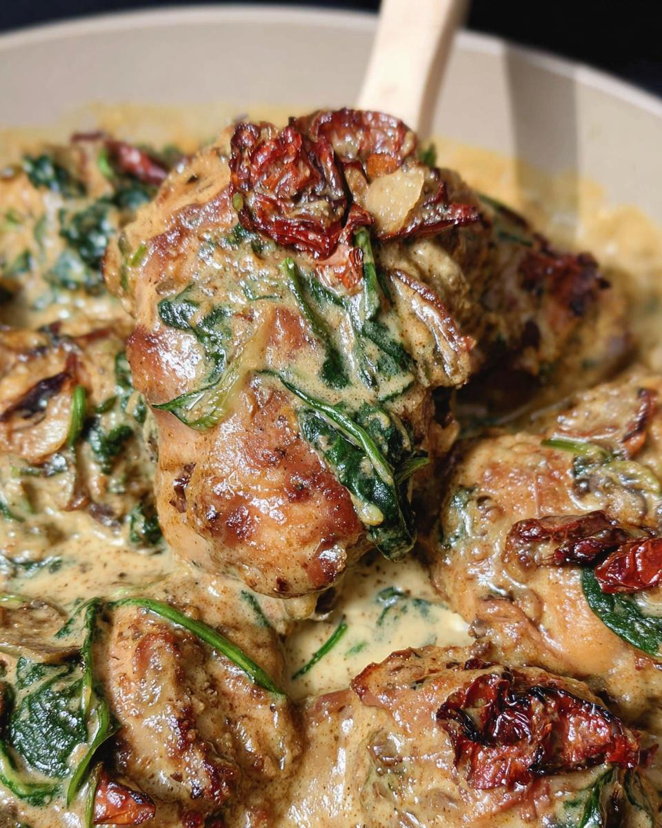 Close-up of tender chicken pieces in a creamy sauce, with spinach and sun-dried tomatoes, from our slow cooker tuscan chicken recipe.
