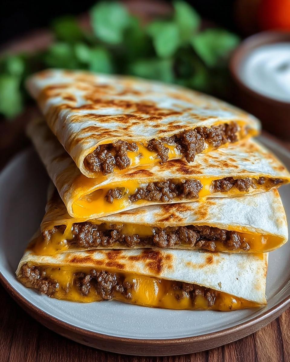 A stack of three golden-brown Smashburger Quesadillas, generously filled with seasoned ground beef and melted cheddar cheese.