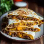 A stack of golden-brown Smashburger Quesadillas, cut into wedges, revealing gooey melted cheese and seasoned ground beef.
