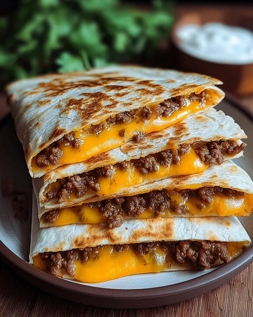 A stack of golden-brown Smashburger Quesadillas, overflowing with melted cheese and seasoned ground beef.
