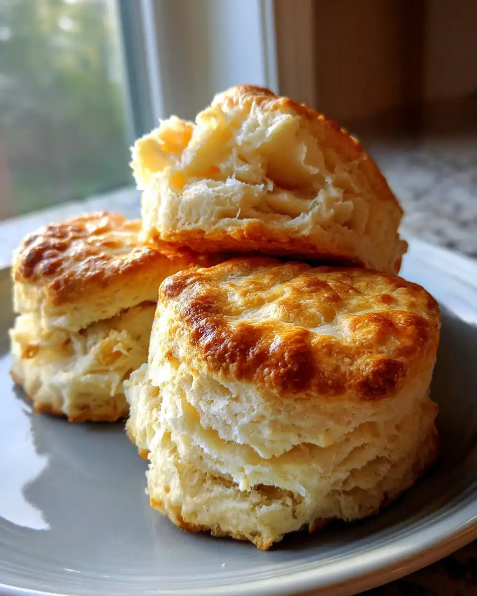 A close-up of three golden-brown, flaky sourdough biscuits stacked on a grey plate, showing their layered texture.