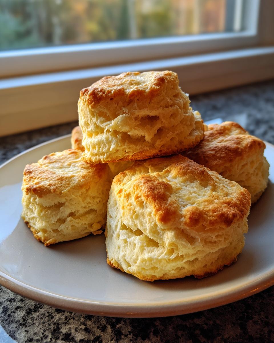A stack of golden-brown, flaky sourdough biscuits on a light gray plate, ready to be enjoyed.