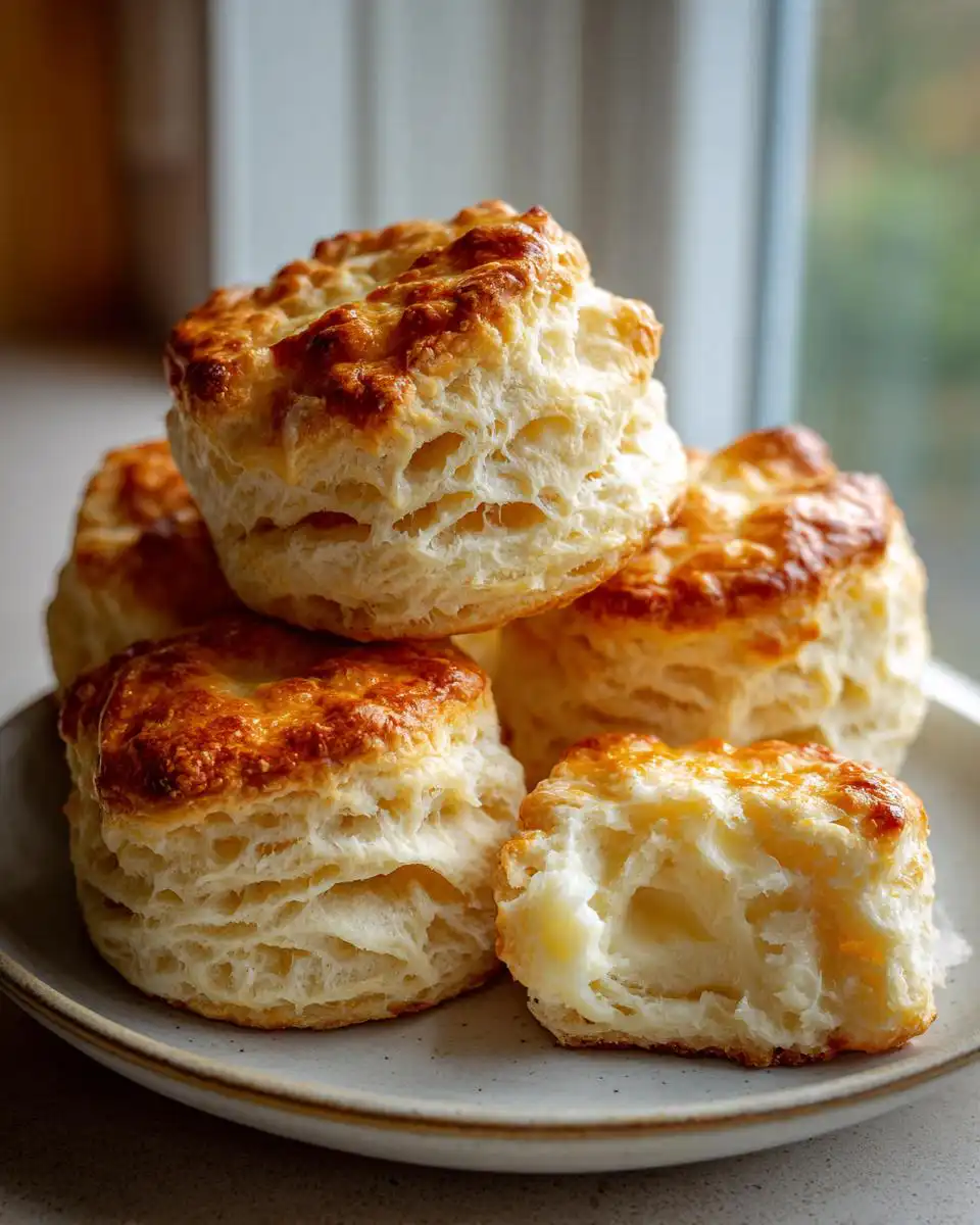 A stack of golden-brown, flaky sourdough biscuits on a plate, with one biscuit broken open to show its airy interior.