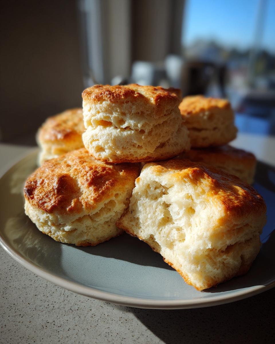 A stack of golden-brown, flaky Sourdough Biscuits on a blue plate, with one biscuit broken open.