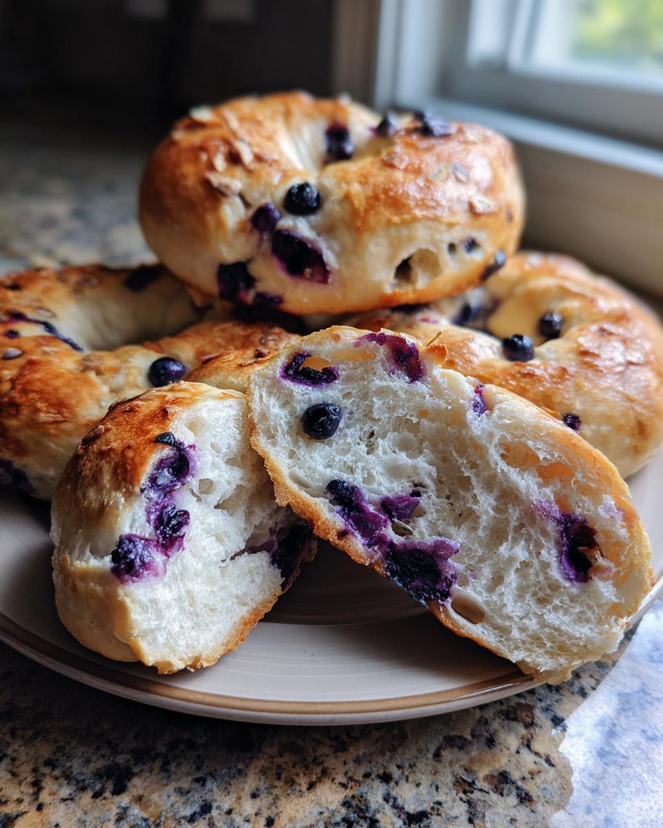 A close-up of freshly baked Sourdough Blueberry Bagels on a plate, with one bagel sliced in half to show the blueberry-filled interior.