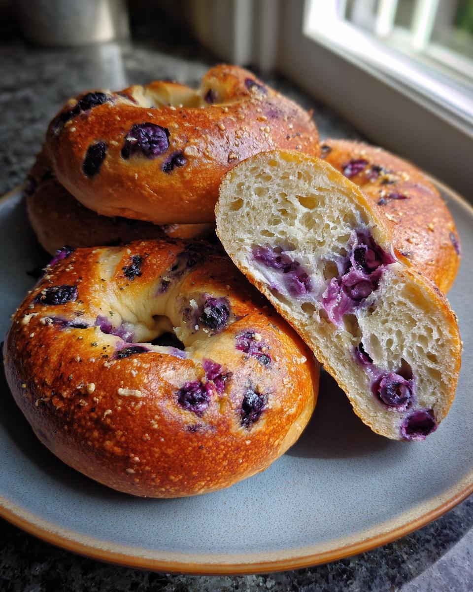Close-up of delicious Sourdough Blueberry Bagels on a plate, one cut in half to show the soft interior with blueberries.