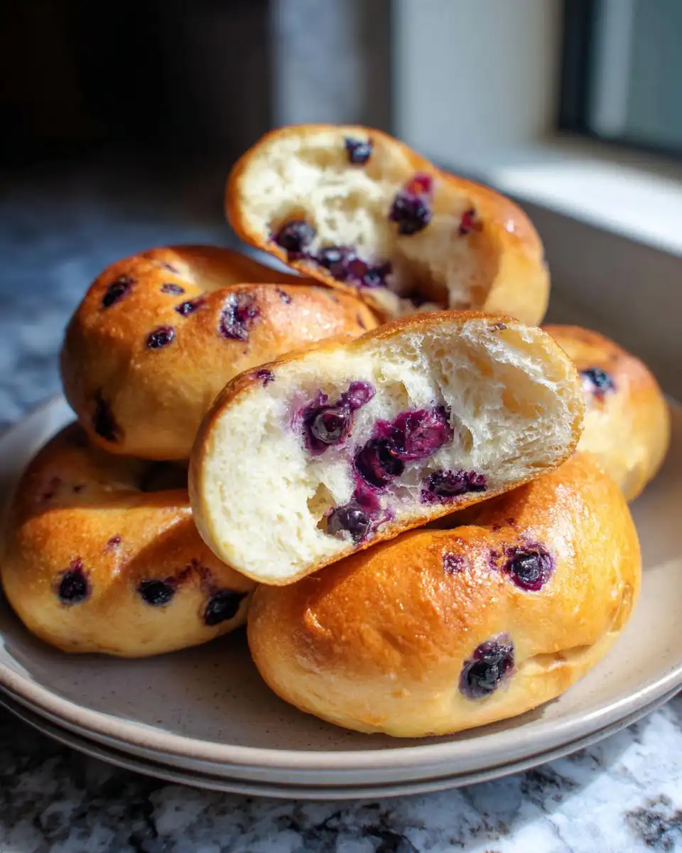 A stack of golden-brown Sourdough Blueberry Bagels, with one sliced in half to reveal a fluffy interior studded with blueberries.