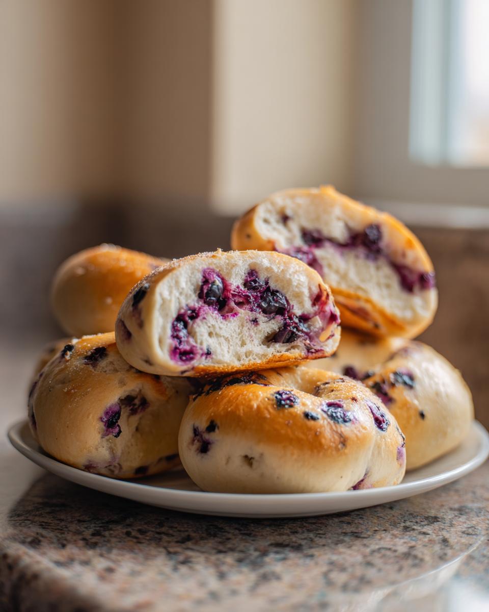 A close-up of a stack of Sourdough Blueberry Bagels on a white plate, with one bagel cut in half showing the blueberries inside.