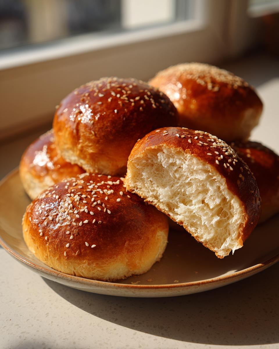 A stack of golden-brown sourdough burger buns topped with sesame seeds, one bun is sliced open to reveal a fluffy interior.