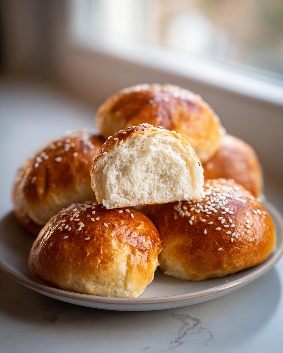 A stack of golden brown sourdough burger buns topped with sesame seeds, one bun is cut in half revealing a fluffy interior.