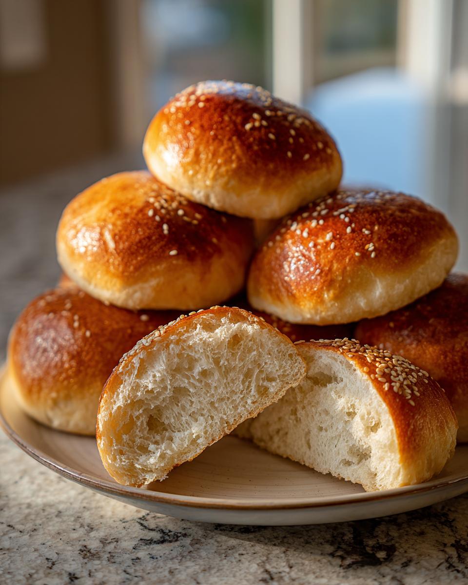 A stack of golden-brown sourdough burger buns topped with sesame seeds, with one bun sliced open to show its fluffy interior.