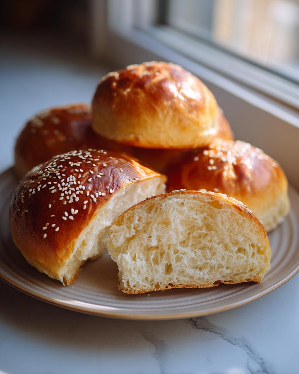 Close-up of golden Sourdough Burger Buns, one sliced to show fluffy interior, topped with sesame seeds.