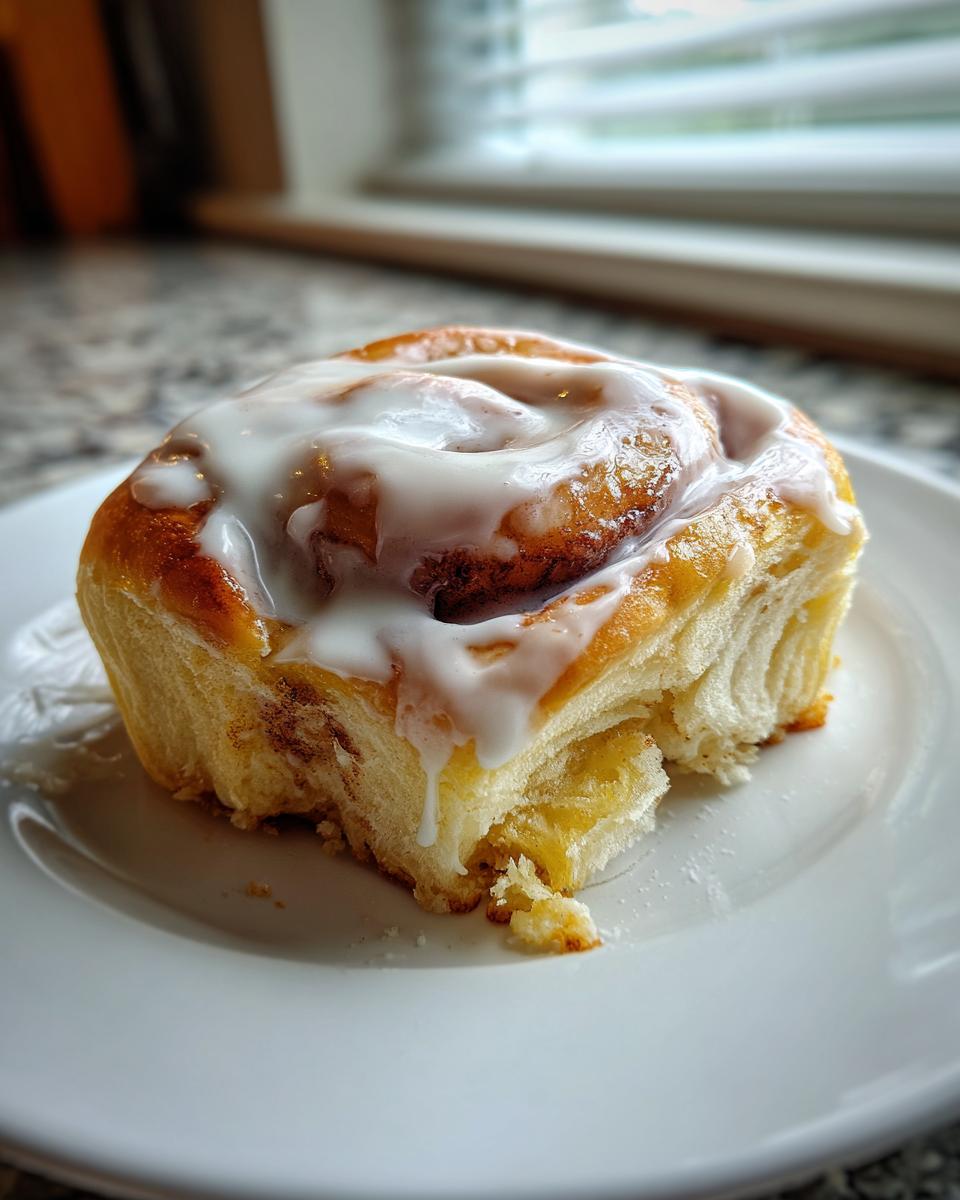 Close-up of a fluffy sourdough cinnamon roll topped with white glaze, with a bite taken out.