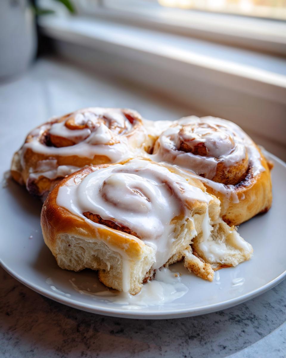 Close-up of fluffy sourdough cinnamon rolls generously topped with white glaze, one is partially eaten.